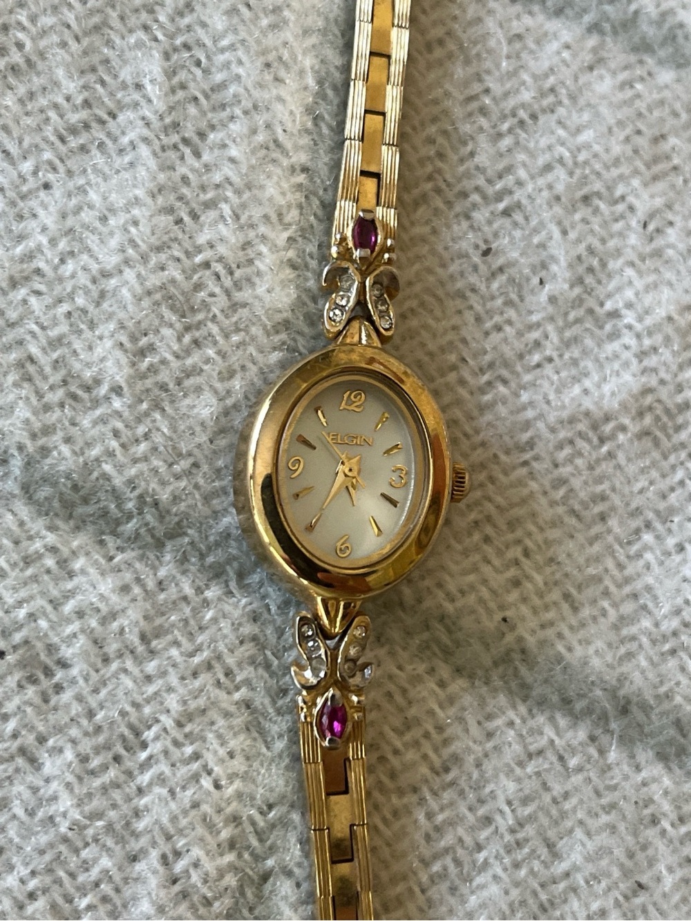 Elgin Women's Gold-Tone Oval Bracelet Watch with Pink Gem Accents